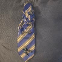 Blue striped upcycled tie necklace from the current Facebook drop.