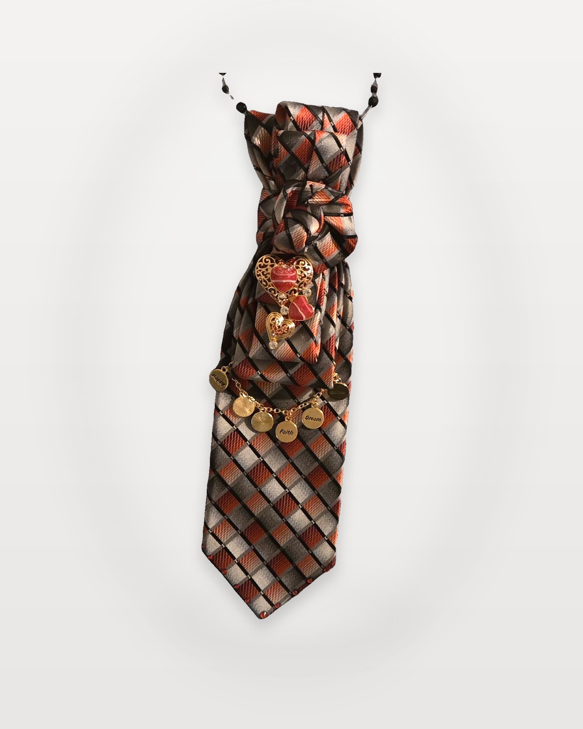 Gold-detailed upcycled tie necklace, hand-finished by M.W. Designs.